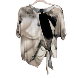 Clara Sun Woo Jersey Knit Top Womens Small Abstract Marble Cream Black Front Tie